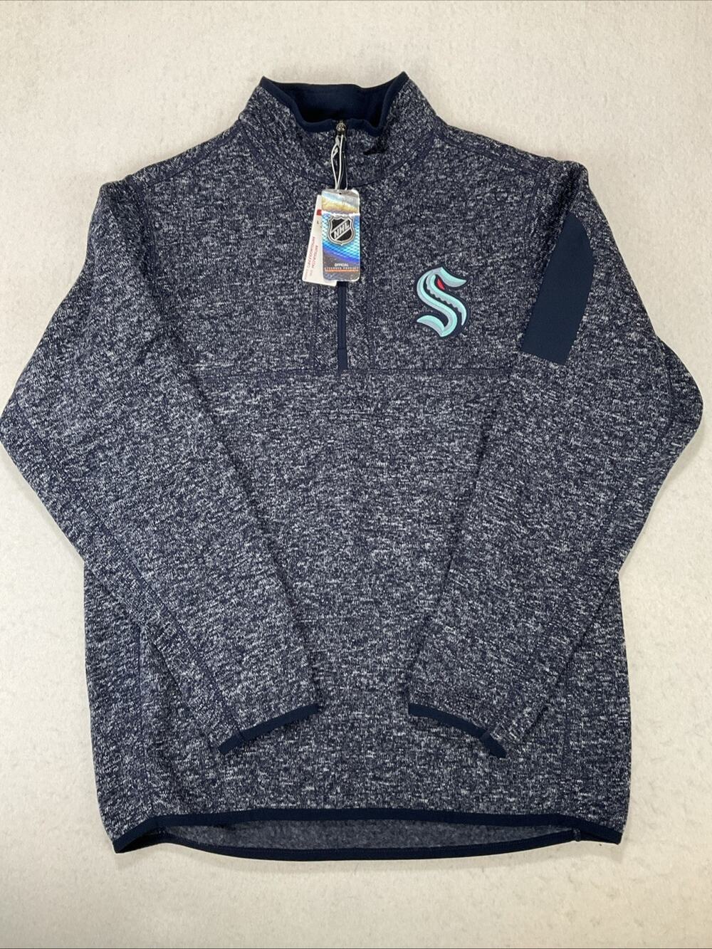 NWT Seattle Kraken Men’s Large Antigua 1/4 Zip Fleece Pullover Blue Heather NHL